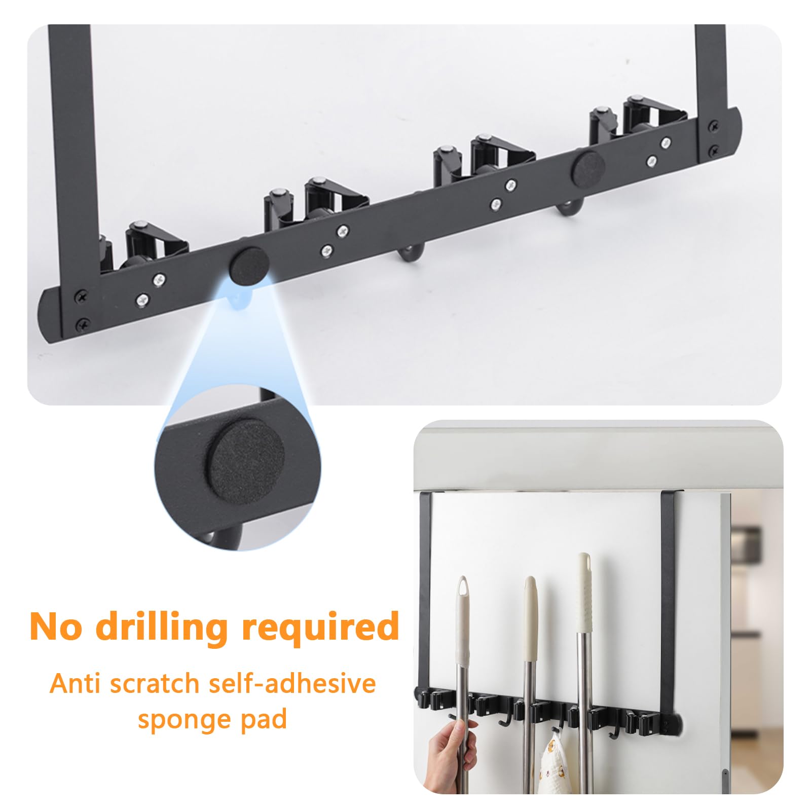 UKQRRTC Over The Door Broom Holder with 2 Hooks Wall Mount Mop and Broom Holder Stainless Steel Mop Holder Utility Broom Gripper Drilling Free Mop Hanger for Home Bathroom Kitchen Garage, Black