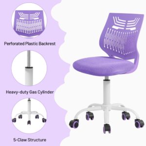 FurnitureR Desk Chair Armless Kids Study Chair Swivel Adjustable with Rolling Wheels, Computer Task Chair Armless Cute Home Office Chair with Mesh Soft Cushion Plastic Low Back, Purple