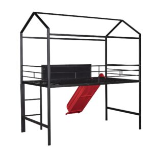 Twin House Loft Beds with Slide & Chalkboard, Low Loft Bed Twin Size, Metal House Bed with Guardrail and Ladder, Metal Twin Size Loft Bed for Kids Teens Girls Boys (Twin, Black + Red)