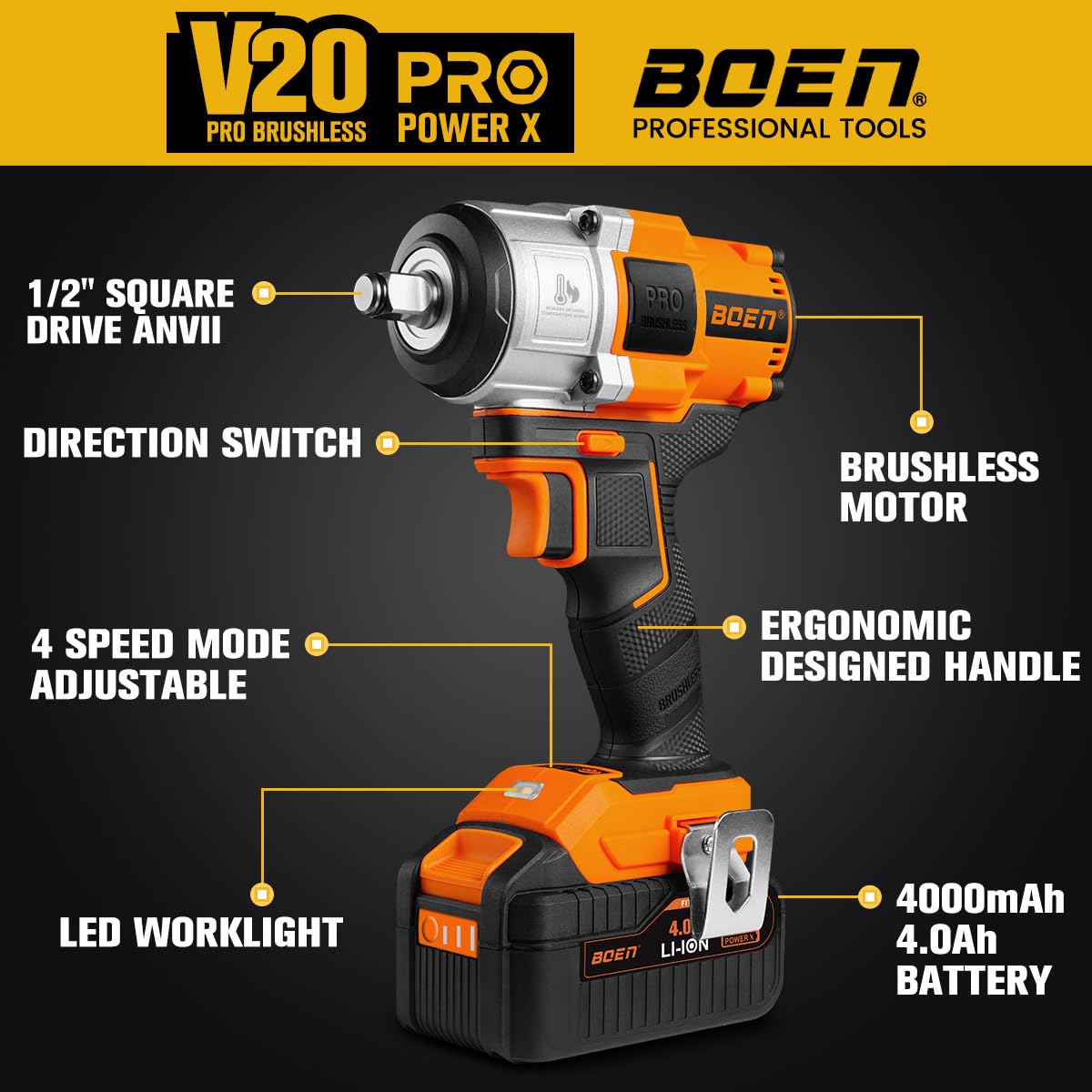 boen Cordless Impact Wrench 1/2 inch, 600FT-LBS(800N.m), Brushless Electric Impact Wrench, 2200RPM High Torque Impact Gun for Car Home, Includes 4.0Ah Battery×1, Charger, IW-75