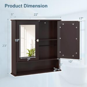 RELAX4LIFE Wall Bathroom Cabinet with Mirror - Wood Over The Toilet Storage Cabinet Space Saver w/2 Doors, Adjustable Shelf & Open Compartment, Modern Wall Mount Medicine Cabinet (Brown)