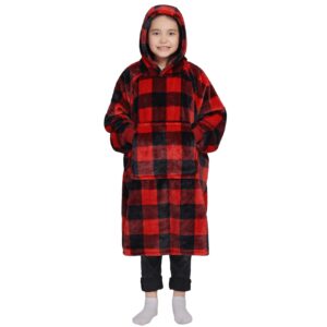 waitu wearable blanket for kids, wearable blanket hoodie gifts for teens girls and boys, warm blanket sweatshirt for teenage, hoodie blanket with sleeves - red and black plaid