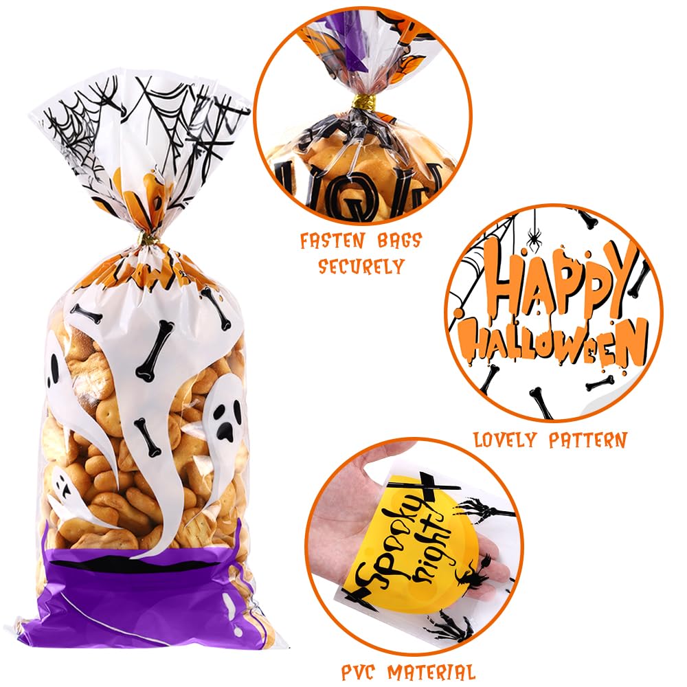 Vellibring 120 PCS Halloween Cellophane Treat Bags, Clear Plastic Halloween Candy Bags Trick or Treat Goodie Bags with 150 PCS Twists Ties for Halloween Snacks Cookies Packing Party Favors