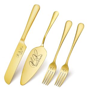 zhamate personalized cake knife and server set, cake cutting set for wedding, custom stainless steel personalized cake cutter for wedding, anniversary, birthday gift(gold)