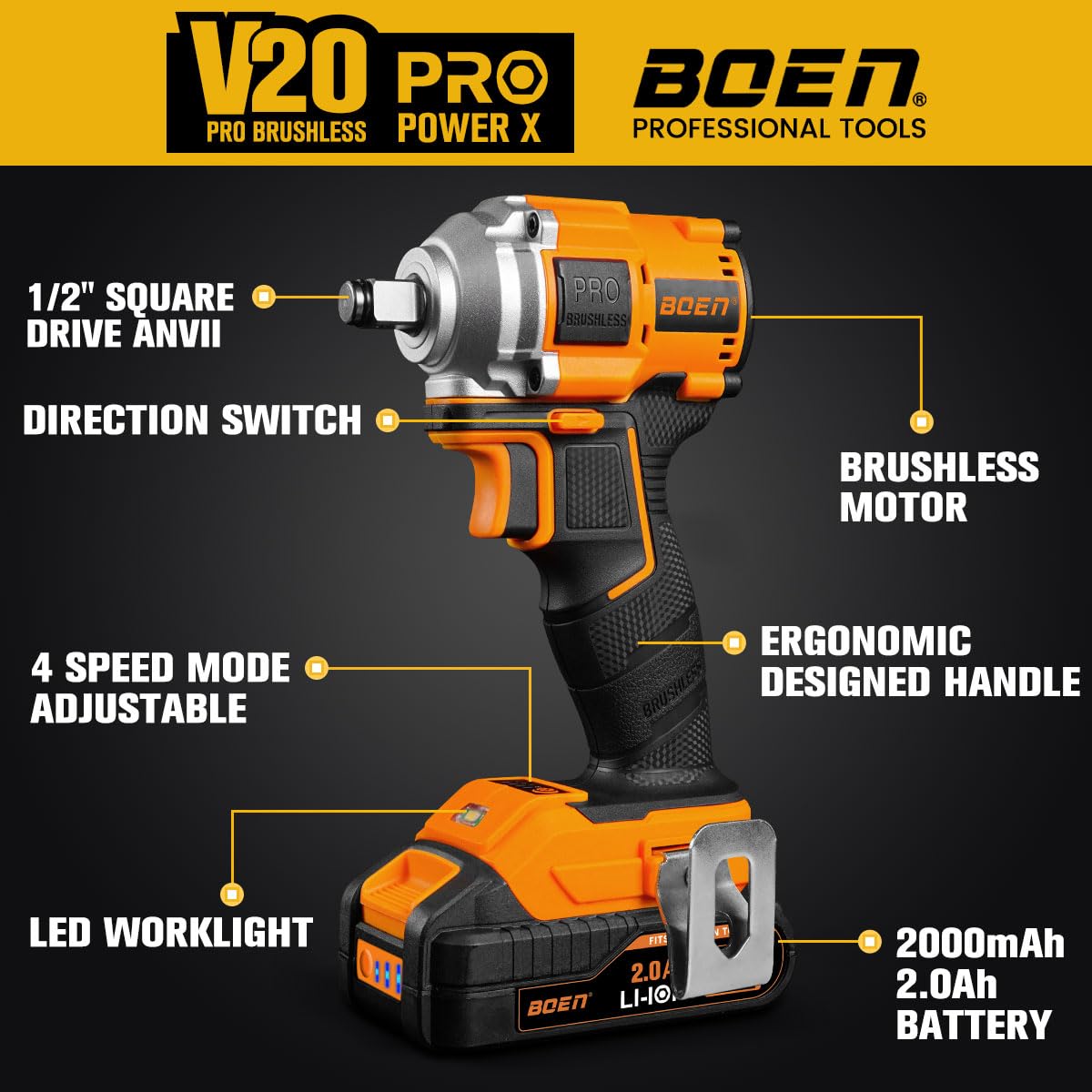 boen 260FT-LBS(350N.m) Cordless Impact Wrench 1/2 inch, Lightweight Brushless Electric Impact Gun, 2500RPM for Home Repair, Includes 2.0Ah Battery×1, Charger, IW-79