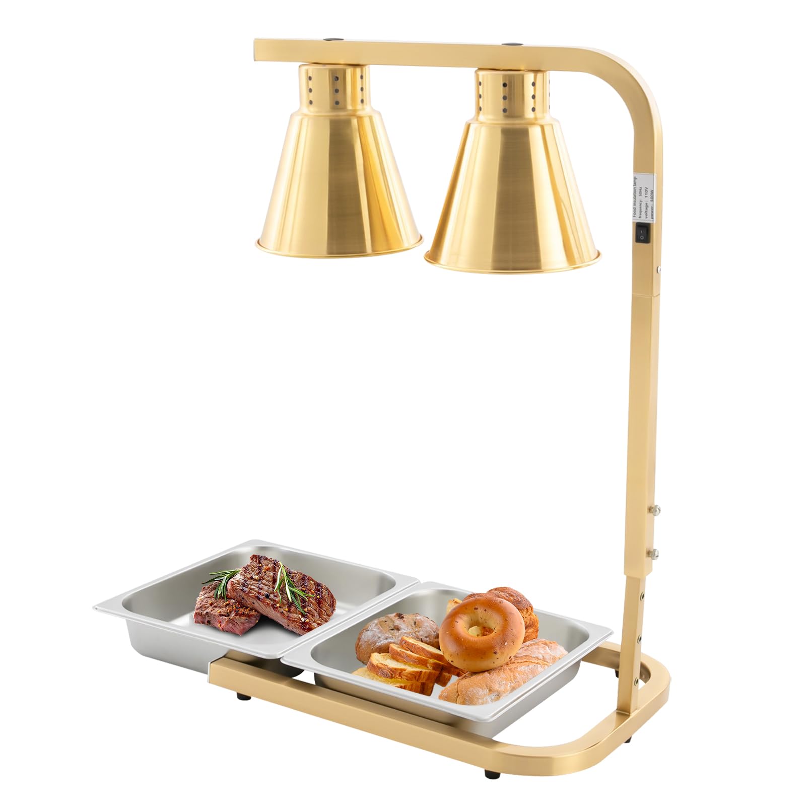 500W Food Heat Lamp with Two Food Pans, Double Head Electric Heat Lamp for Food Catering Buffet Restaurant Temperature: 50℃/122℉ (Gold)