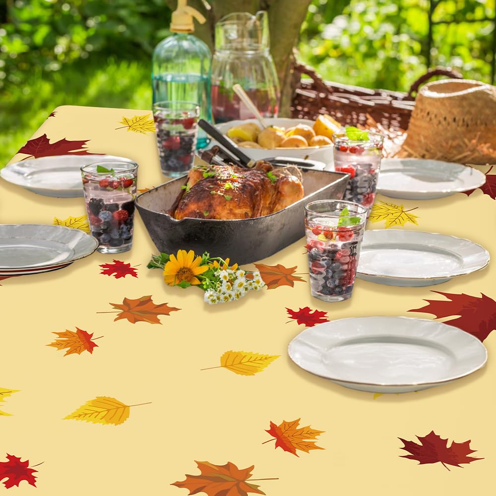 Fall Tablecloth, 2 Pcs Thanksgiving Tablecloth, Autumn Leaves Plastic Tablecloth, Rectangle Disposable Table Cover Waterproof Tablecloth Fall Themed for Holiday Dinner Party Decoration 54 x 108 inches