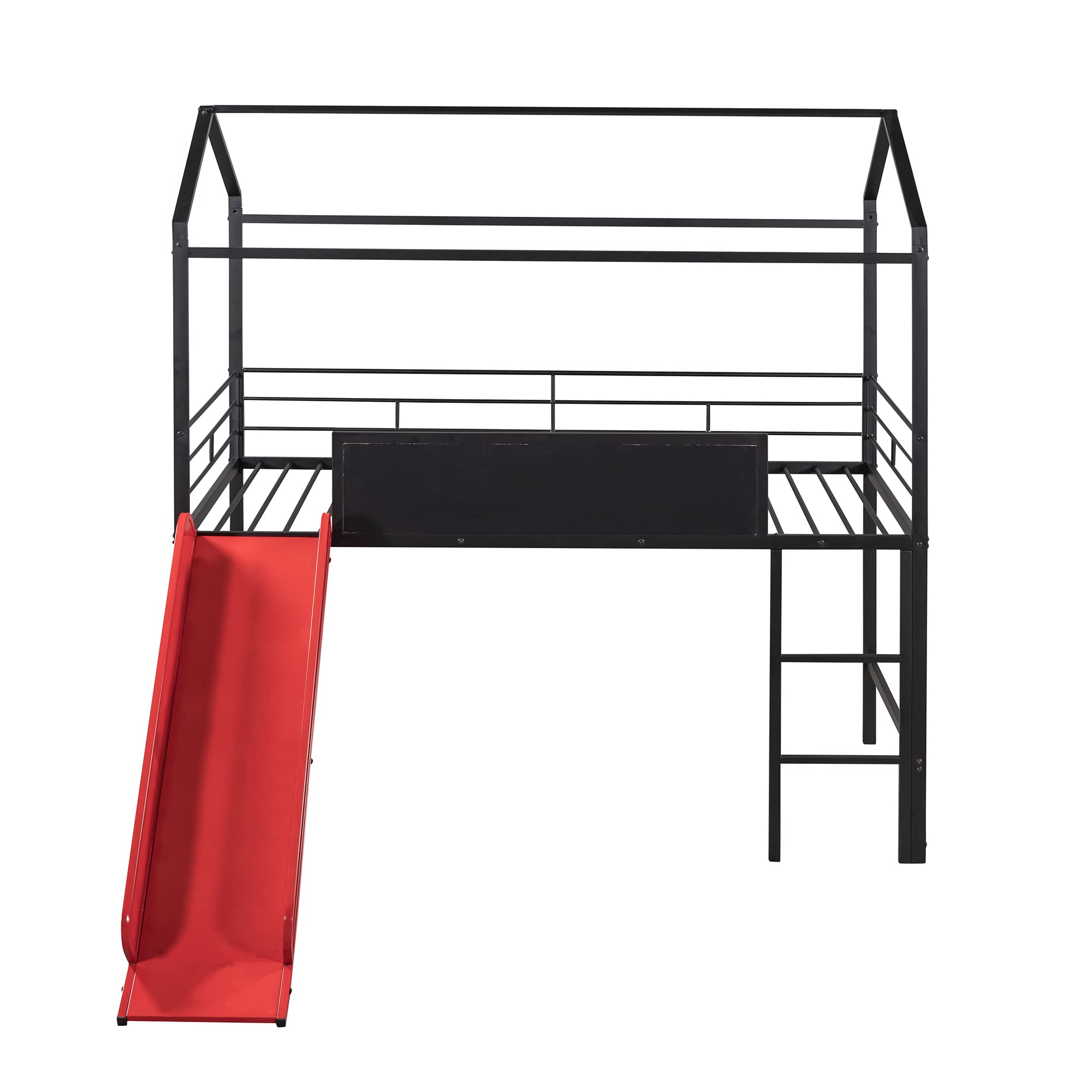 Twin House Loft Beds with Slide & Chalkboard, Low Loft Bed Twin Size, Metal House Bed with Guardrail and Ladder, Metal Twin Size Loft Bed for Kids Teens Girls Boys (Twin, Black + Red)