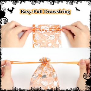 JOINDO 100 pcs Halloween Treat Bags for Candy, 4x6 Drawstring Organza Goodie Bags, Small Gift Bags for Party Favor (Pumpkin, Spider web, Skull, Bat)