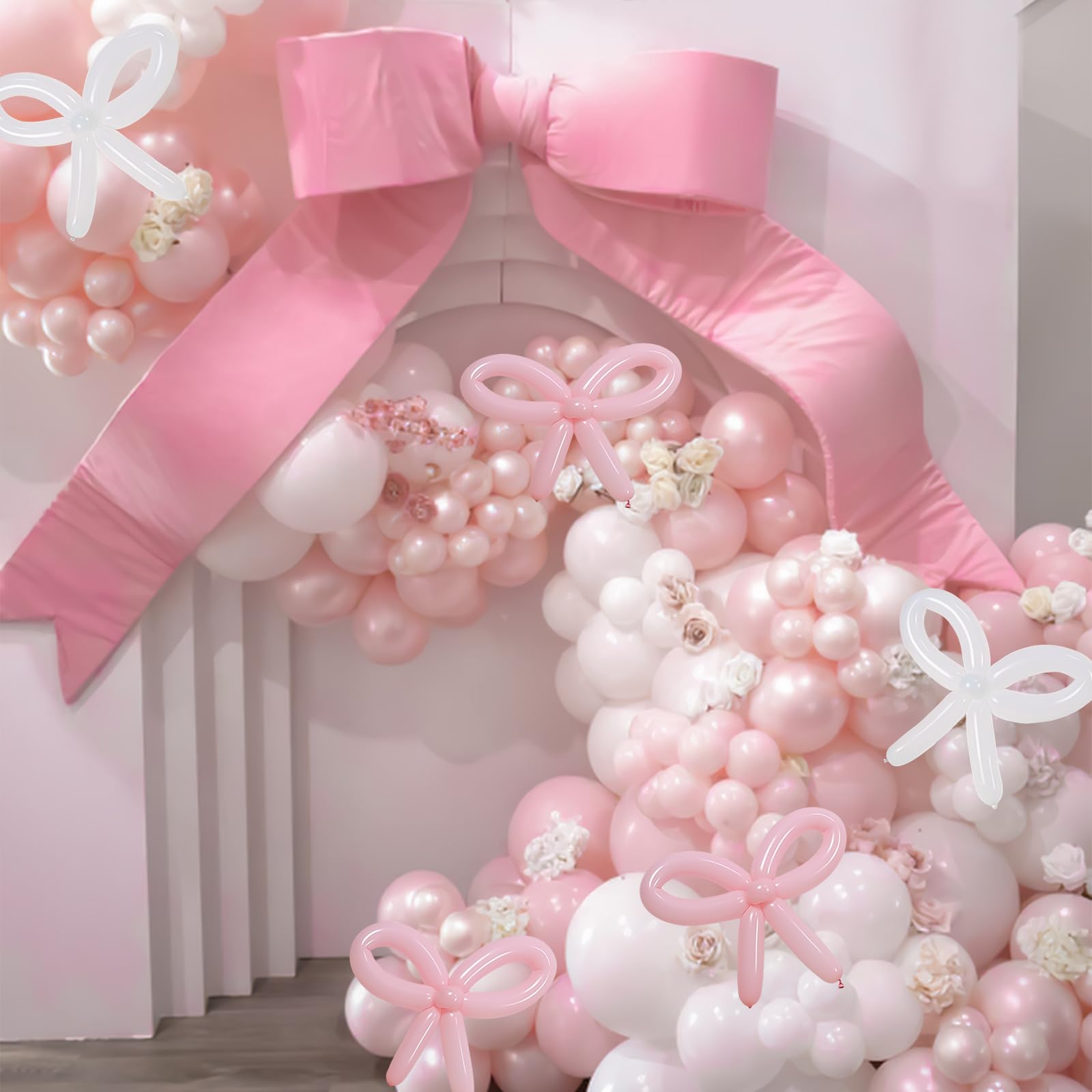 Pink and White Balloon Arch Garland Kit, 18" 10" 5" Pink Bow Balloon Arch with White Pink Bow Balloons for Girls Birthday Party Decorations Baby Shower Bachelorette Bow Theme Party Supplies