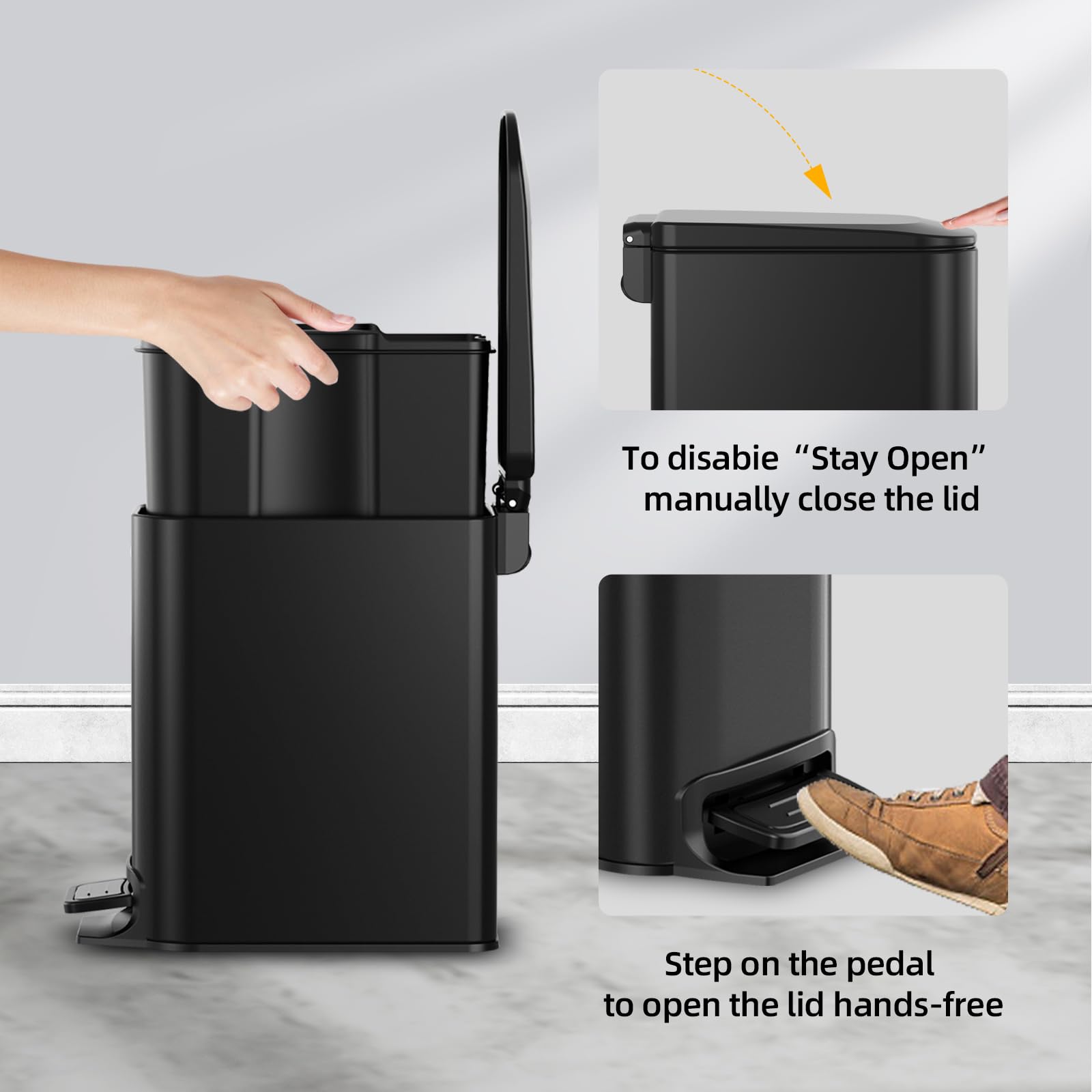 KUK Small Bathroom Trash Can with Lid, 6L/ 1.6 Gallon Stainless Steel Garbage Can with Removable Inner Bucket, Slim Step Pedal Trash Bins for Bedroom, Office (Matte Black)