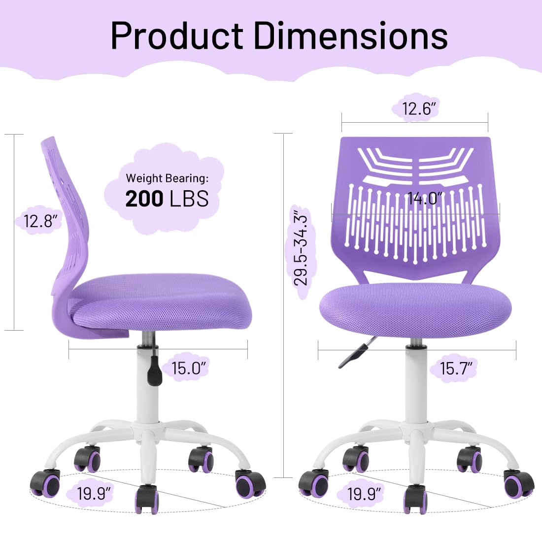 FurnitureR Desk Chair Armless Kids Study Chair Swivel Adjustable with Rolling Wheels, Computer Task Chair Armless Cute Home Office Chair with Mesh Soft Cushion Plastic Low Back, Purple