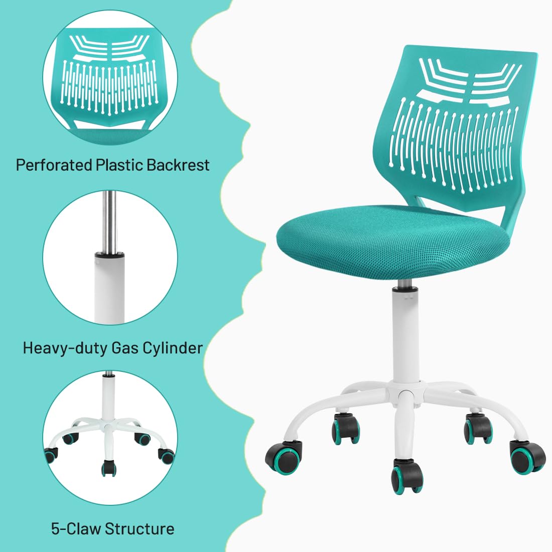 FurnitureR Kids Desk Chair, Student Study Computer Task Chair Armless Cute Rolling Swivel Adjustable with Mesh Soft Cushion Plastic Low Back, Aqua