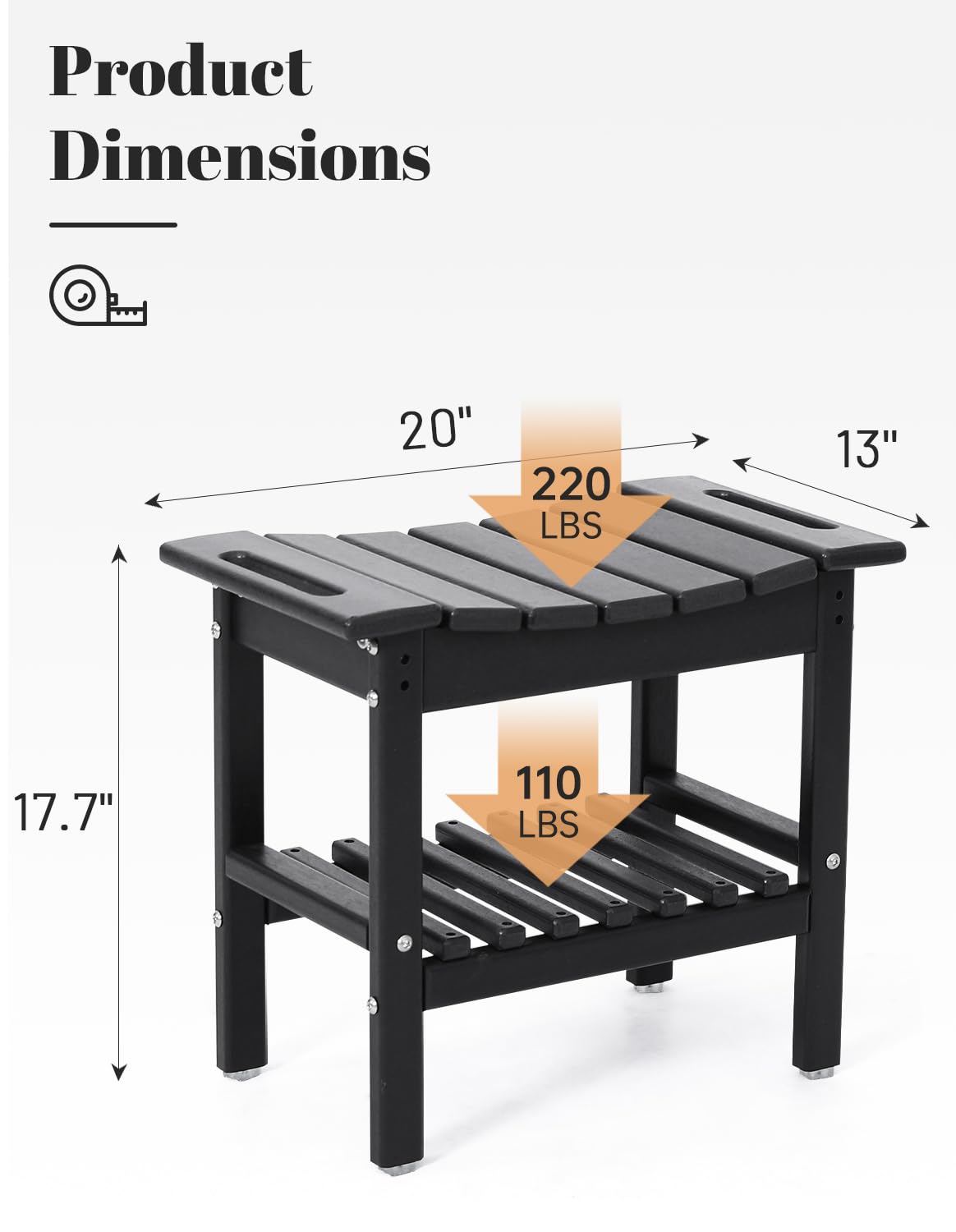 Murago HDPE Poly Lumber Shower Stool with Storage 20×12×19, Heavy Duty Waterproof Bench Indoor Outdoor Spa Stool Chair with Towel Bar [Black]