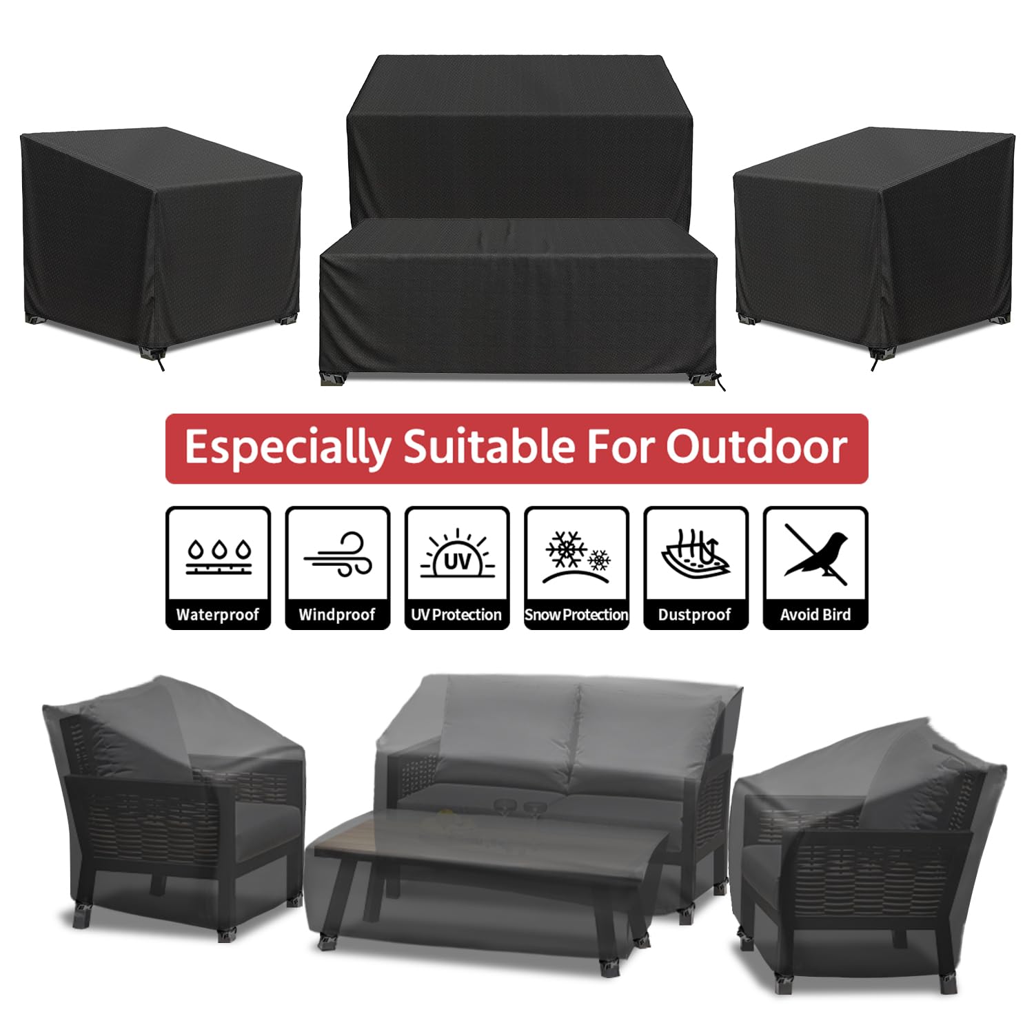 Patio Furniture Covers, 4 Piece Heavy Duty Waterproof Outdoor Furniture Cover with Windproof Buckle Strap, Rattan Wicker Patio Furniture Set Cover for Chair Sofa Black (Black, X-Large)