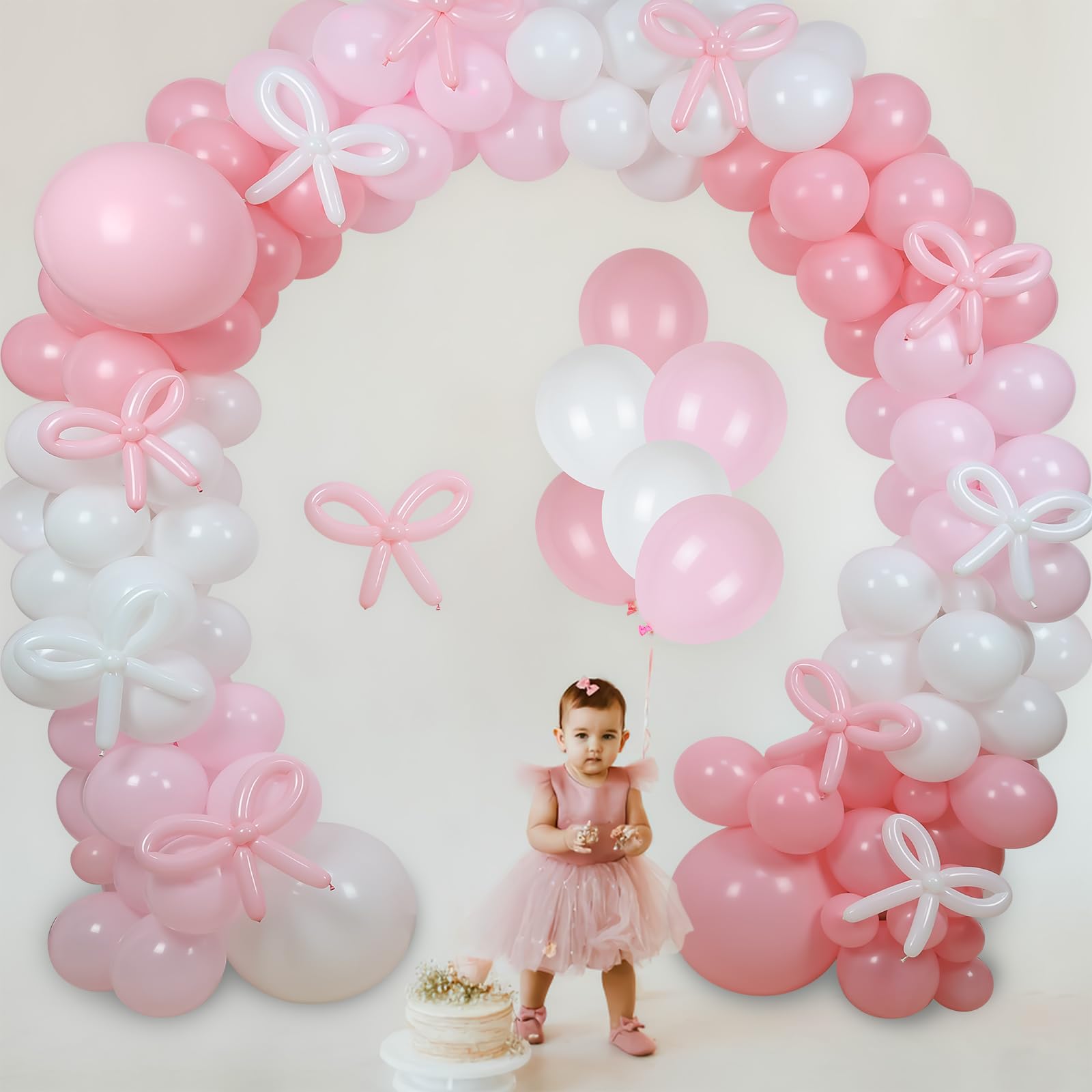 Pink and White Balloon Arch Garland Kit, 18" 10" 5" Pink Bow Balloon Arch with White Pink Bow Balloons for Girls Birthday Party Decorations Baby Shower Bachelorette Bow Theme Party Supplies