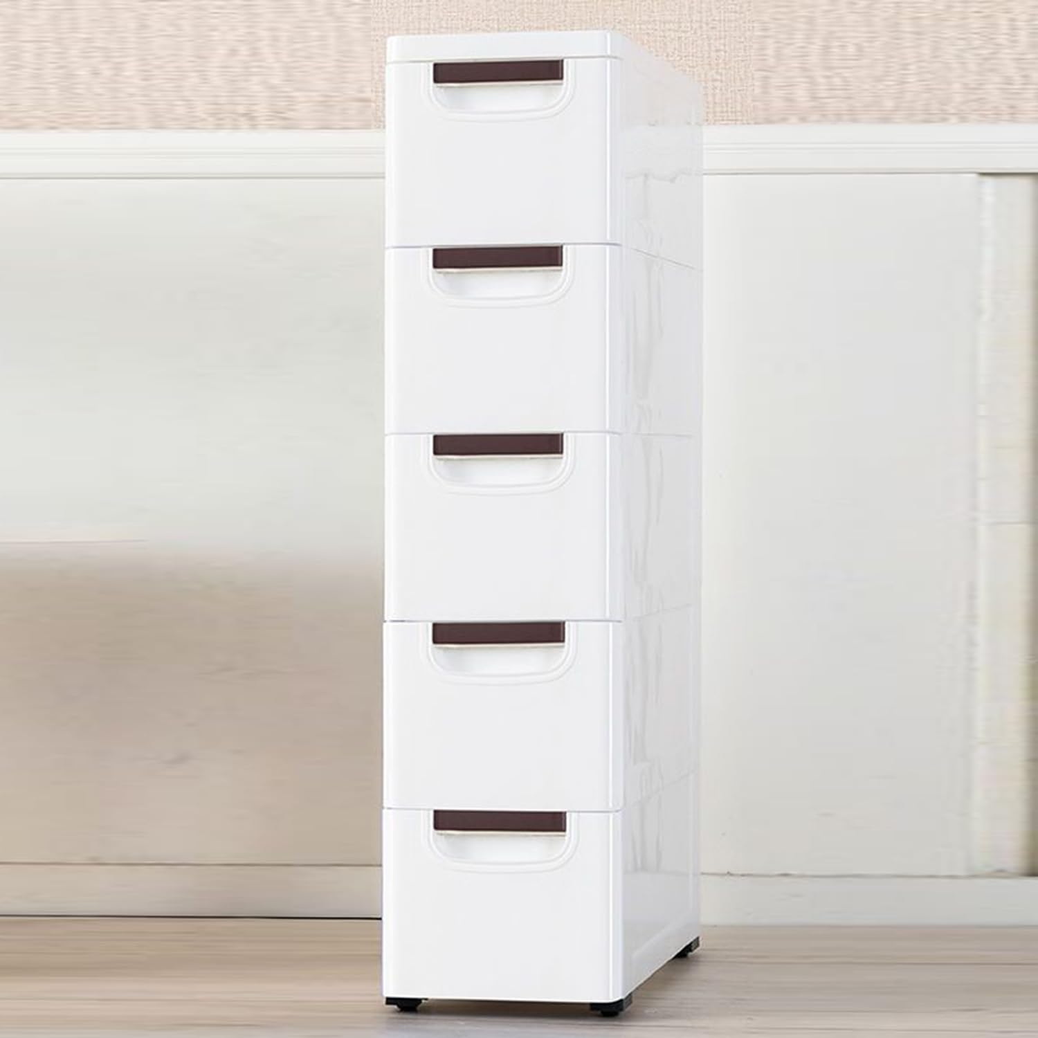 5 Drawers Narrow Slim Plastic Storage Cabinet,Storage Drawer with 4 Wheels,5 Tier Drawers Dresser,White