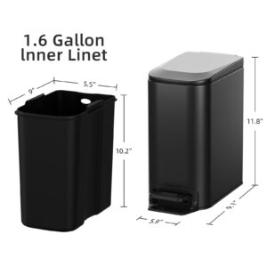 KUK Small Bathroom Trash Can with Lid, 6L/ 1.6 Gallon Stainless Steel Garbage Can with Removable Inner Bucket, Slim Step Pedal Trash Bins for Bedroom, Office (Matte Black)