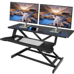 xagai standing desk, 37 inch stand up desk converter, dual computer monitors and laptop workstation for home office, wide keyboard tray wide 2-tier desktop, black