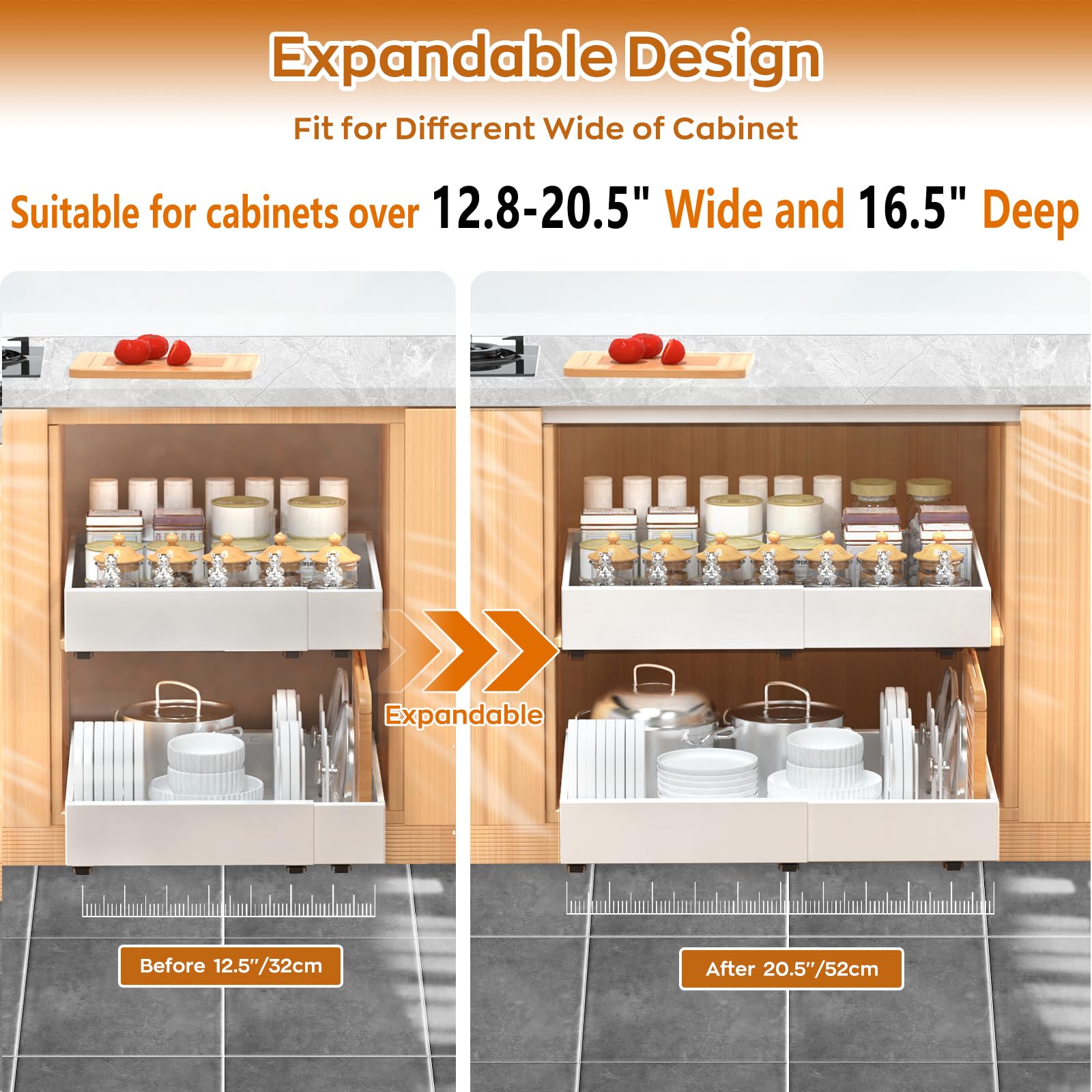 Pull Out Cabinet Organizer Pull Out Drawers for Cabinets with 4pcs Divider Racks, 12.8"-20.5" W and 16.5" D Adjustable Heavy Duty Cabinet Pull Out Shelves Kitchen Cabinets Slide Out Drawers