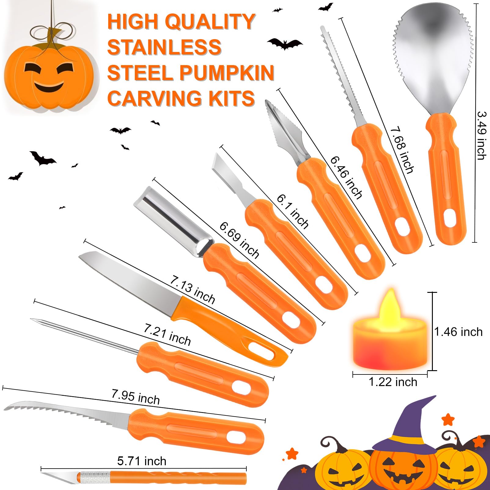 Pumpkin Carving Tools, 15 PCS Professional Pumpkin Carving Kit for Adults & Kids with LED Candles, Heavy Duty Stainless Steel Pumpkin Cutting Knife Supplies for Halloween Decoration Jack-O-Lantern