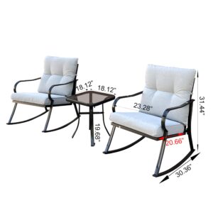 CHARMMA 2pcs Patio Rocking Chairs with Steel Frame and Soft Cushions,Rocker Set Chair and Teapoy,Outdoor Rocking Chair with Armrest for Lawn,Backyard,Porch Garden Bistro Set Off White