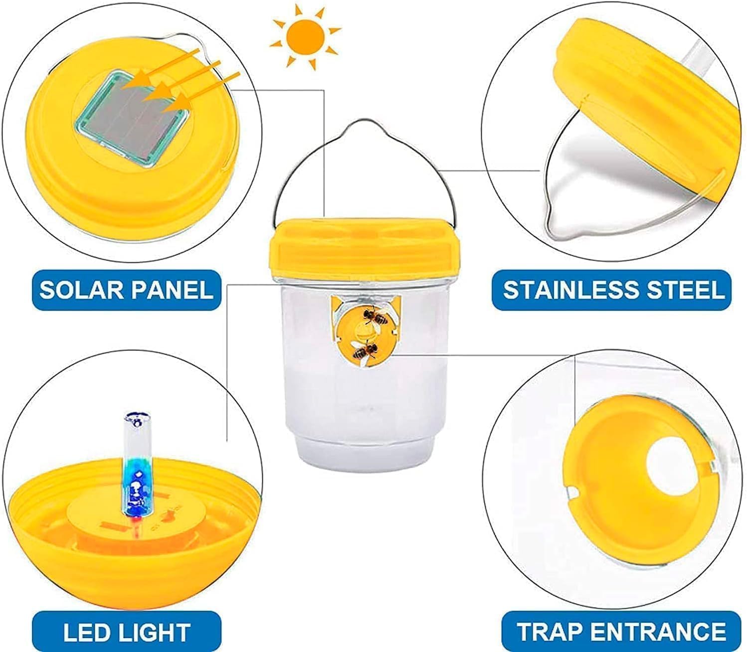 outtkitywi 2 Packs Wasp Trap - Solar Powered Bee Trap Outdoor for Yellow Jackets, Hornets and Wasps - Durable Wasp Killer and Bee Killer - Reusable Yellow Jacket Trap and Insect Trap