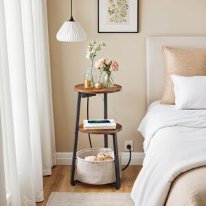 HOOBRO Small Round Side Table with Charging Station, Round End Accent Table with Fabric Storage Basket, Compact Sofa Bedside Table for Small Space in Living Room, Bedroom, Rustic Brown BF169UBZ01