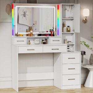 hiwelldas vanity desk with mirror and lights, 43.3'' large makeup vanity table with ambient light 3 lighting modes brightness adjustable, dressing table with with charging station,7 drawers