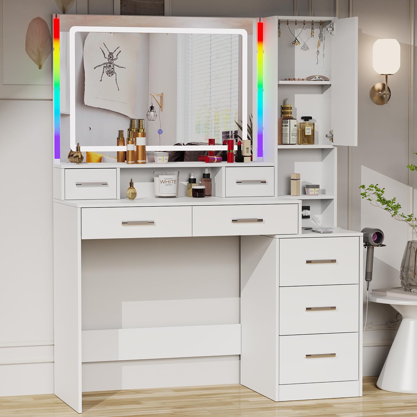 Hiwelldas Vanity Desk with Mirror and Lights, 43.3'' Large Makeup Vanity Table with Ambient Light 3 Lighting Modes Brightness Adjustable, Dressing Table with with Charging Station,7 Drawers