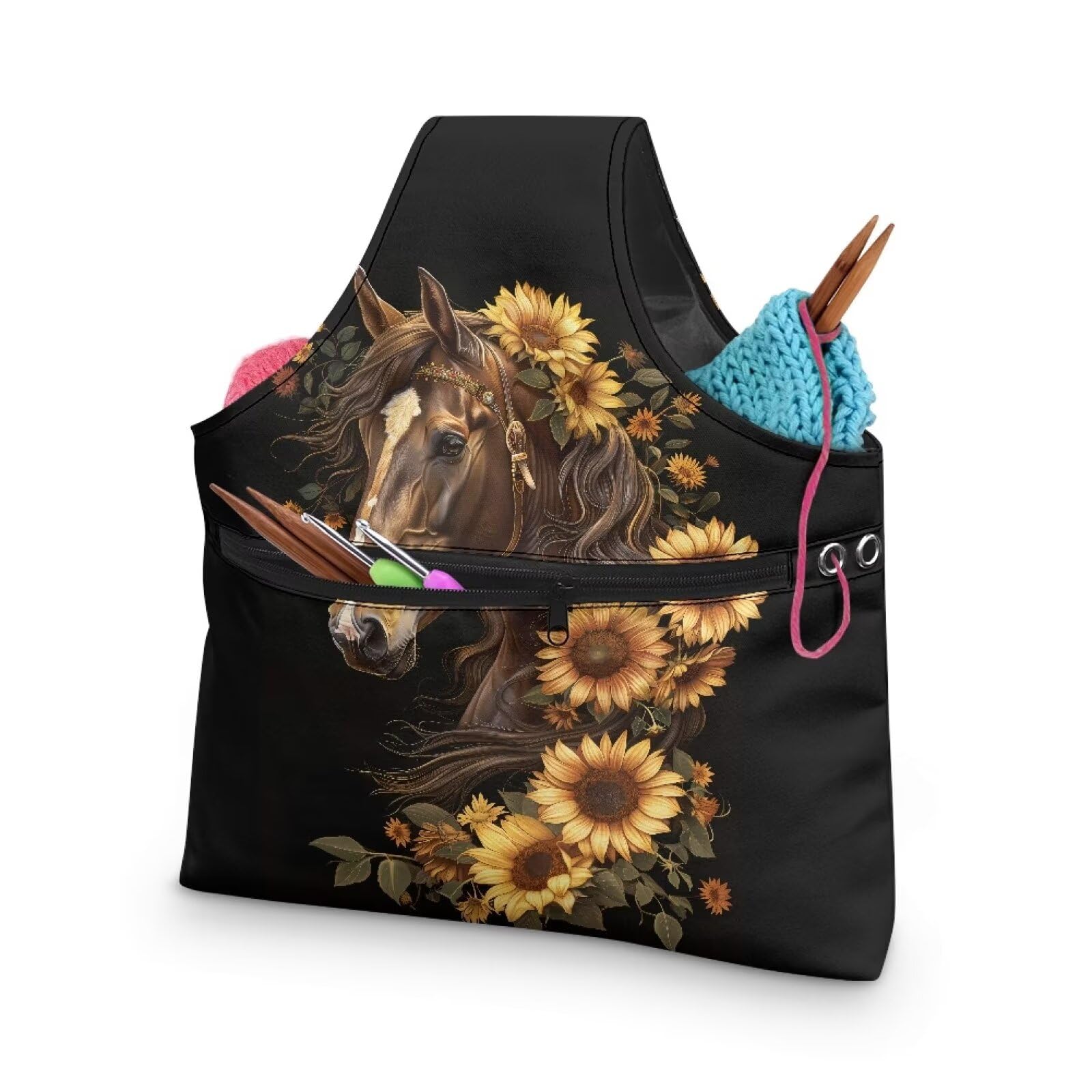 doginthehole Sunflowers Horse Knitting Bag with Front Zipper Pocket, Animals Print Yarn Bag for Crocheting On The Go Crochet Bag Large Size