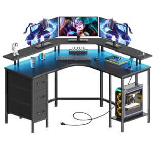 seventable corner desk with power outlets & 3 drawers, 44.6" reversible small l shaped computer desk with led lights, gaming desk with storage shelves, home office desk with monitor stand, black