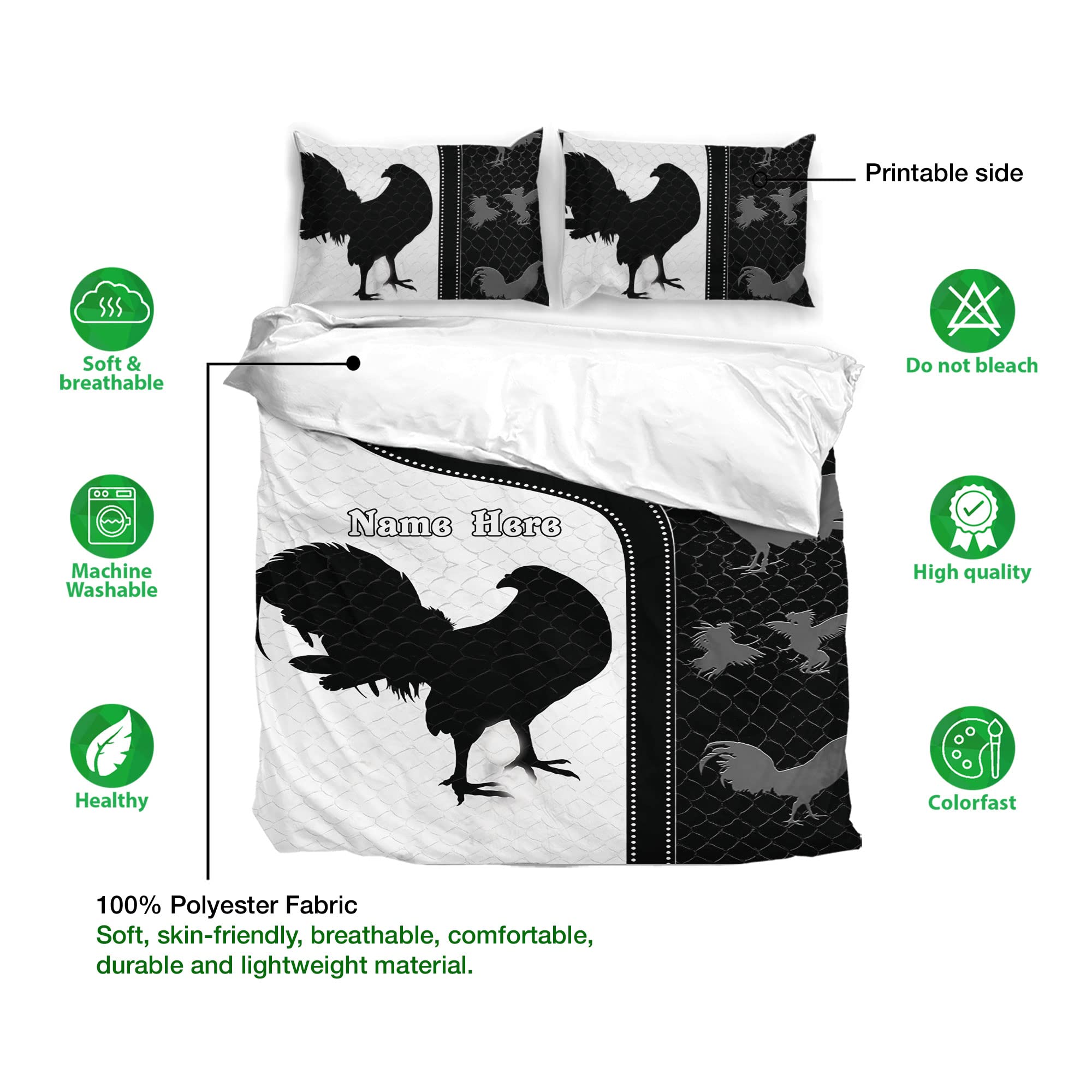 OhaPrints Personalized Chicken Duvet Cover, Rooster Farm Animal Black & White Bedding Set & Pillowcases, Custom Name Soft Lightweight Twin Full Queen King Comforter Cover Bed Set