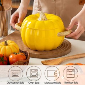 Dutch Oven Pot with Lid, Pumpkin Pottery Dessert Saucepan, Mini Baking Dish Cute Pumpkin Bowl, Covered Dutch Oven Ceramic Stockpot, Pumpkin-Shaped Casserole (Yellow)