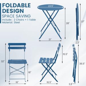 Kromax Outdoor Patio Bistro Set, Folding Bistro Table and Chairs Set, 3 Piece Folding Patio Furniture Set, Space Saving, Blue