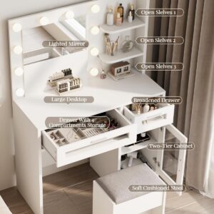 SECRET NATURAL Vanity Mirror with Lights Desk & Stool, Makeup Table Set with Drawers, Vanity Table for Bedroom with Storage Shelves & Acrylic Cabinet, 3 Lighting Modes Adjustable Brightness, White