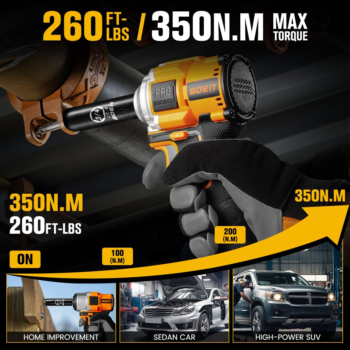 boen 260FT-LBS(350N.m) Cordless Impact Wrench 1/2 inch, Lightweight Brushless Electric Impact Gun, 2500RPM for Home Repair, Includes 2.0Ah Battery×1, Charger, IW-79