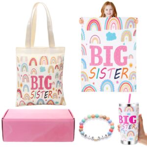 alexpre 4 pcs big sister gifts for girls,20oz stainless steel mug vacuum insulated tumbler with leak proof lid and silicone straw,big sister blanket and bracelet with canvas tote bag for little girls