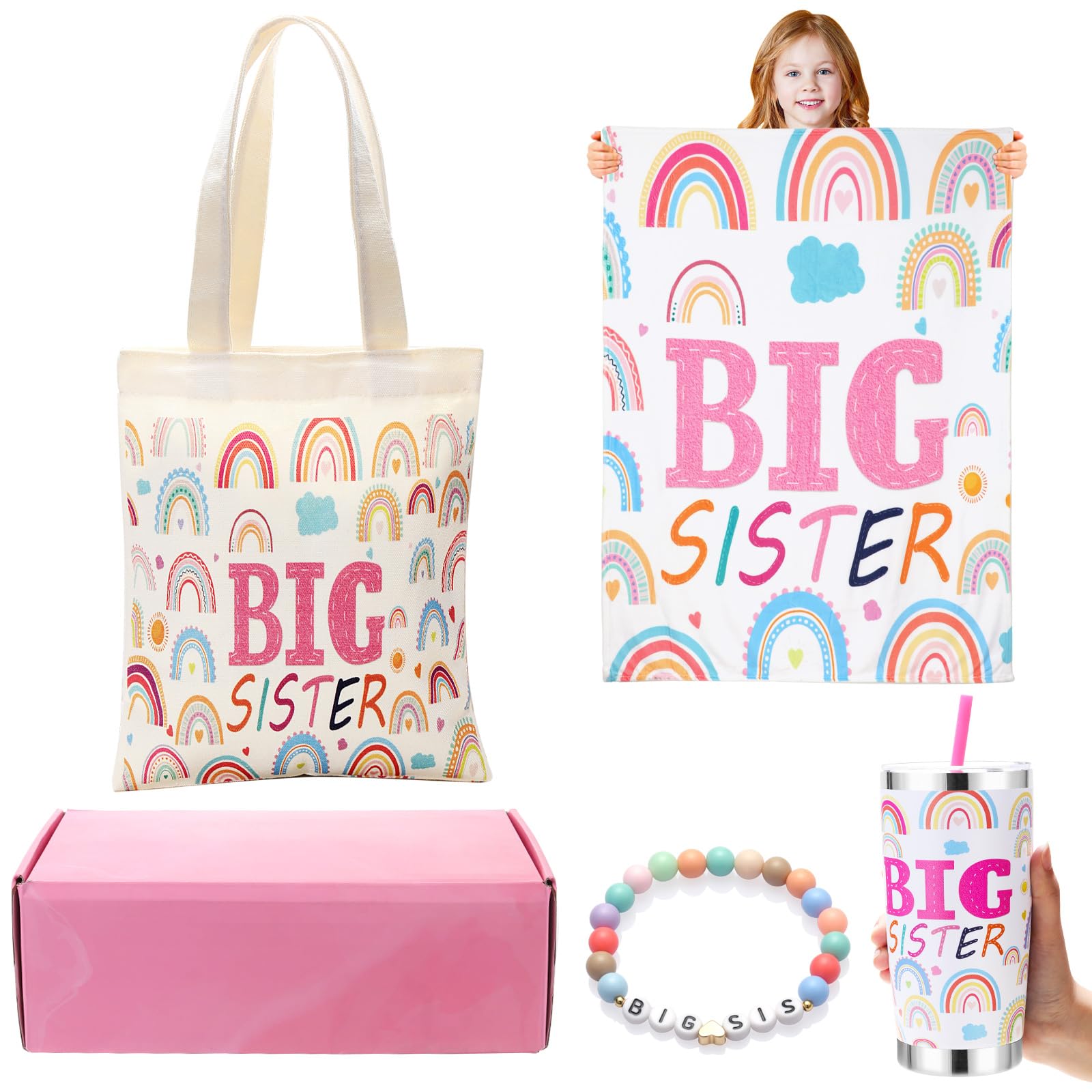 ALEXPRE 4 Pcs Big Sister Gifts for Girls,20oz Stainless Steel Mug Vacuum Insulated Tumbler with Leak Proof Lid and Silicone Straw,Big Sister Blanket and Bracelet with Canvas Tote Bag for Little Girls