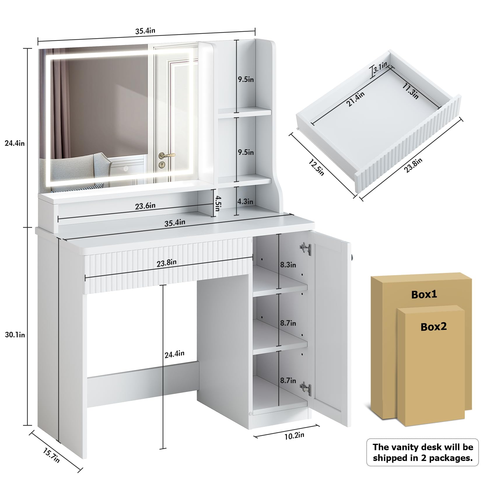 Dripex Makeup Vanity Desk with Mirror and Lights Bedroom Dressing Table, Makeup Table with Drawer, Cabinet, Adjustable LED Lights -White