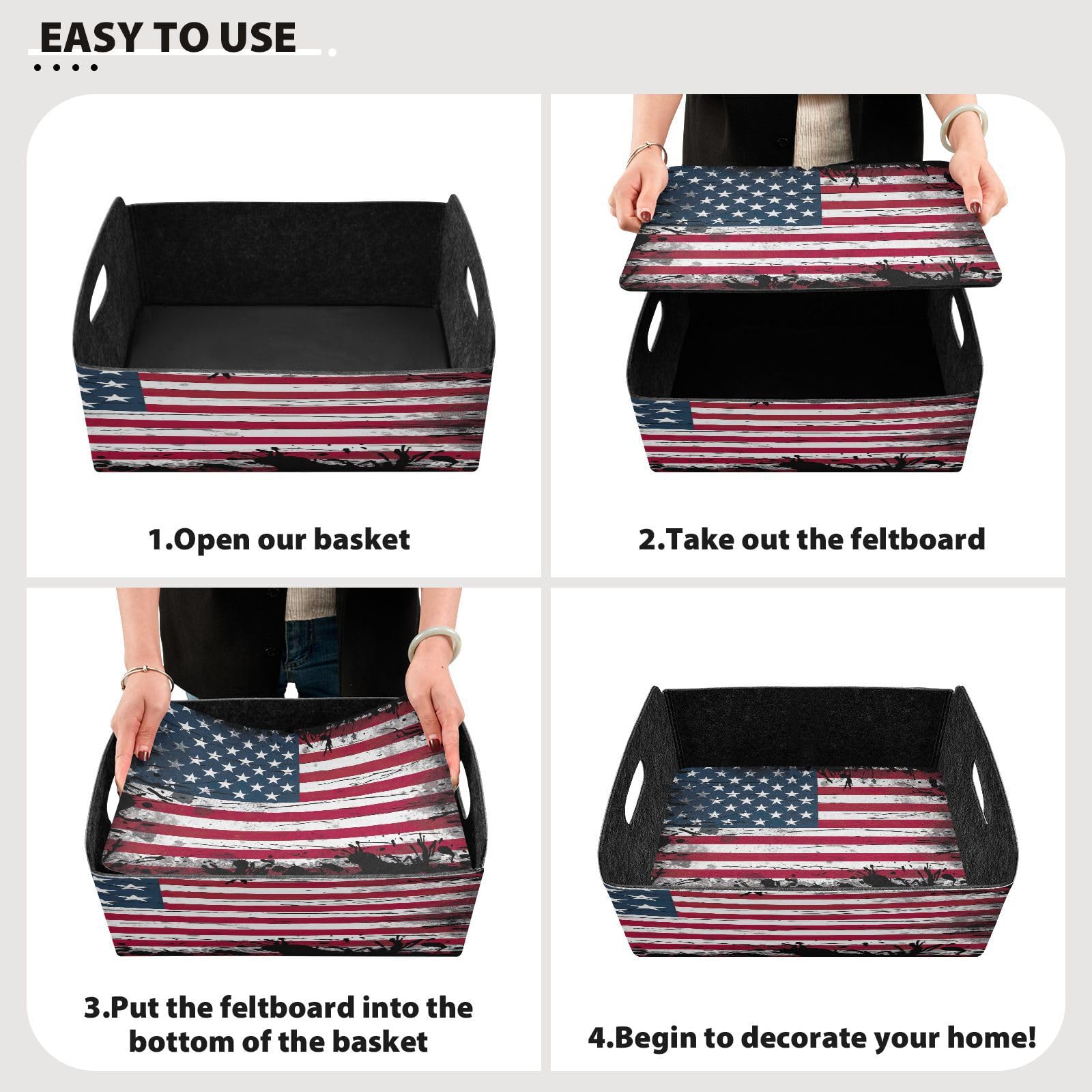 YETTASBIN American Flag Felt Storage Baskets with Handle, Collapsible Open Storage Bin Drawers Storage Box for Shelf Closet Office Bedroom Nursery Home, 14 x 5 x 10 Inch