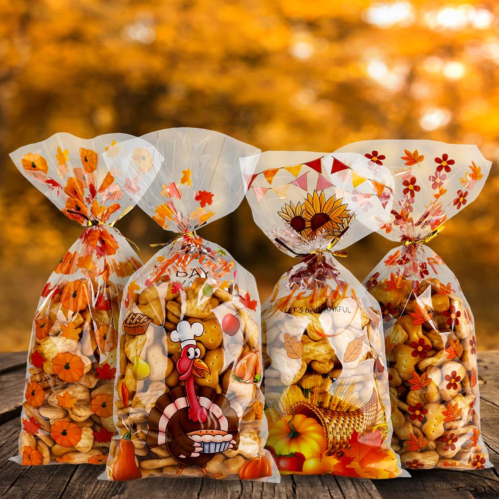 Thanksgiving Treat Bags, 100PCS Thanksgiving Goodie Bags with Twist Ties, Thanksgiving Gift Bags Plastic Candy Bags Cellophane Treat Bags Party Favor Bags Cookie Bags Fall Pumpkin Maple Leaves Bulk