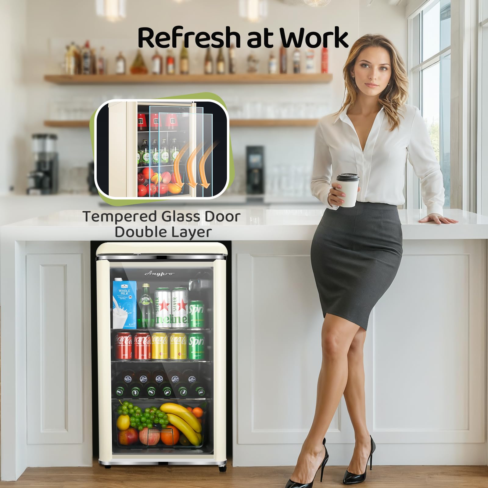 Anypro Retro Beverage Refrigerator Cooler, 4.9 Cu.Ft Mini fridge with Tempered Glass Door, 160 Can Wine Drink Beer Fridge, Small Refrigerator for Office Bedroom Bar, 7 Temperatures, Adjustable Shelves