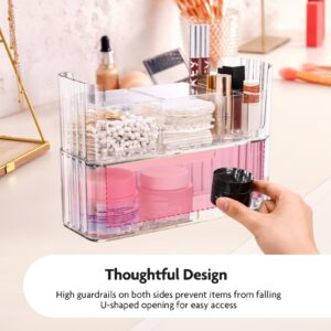 4-Tier Medicine Cabinet Shelves Organizer, Stackable Makeup Organizer Tray, Transparent Cosmetic Display Case with Lip Gloss Holders & Cotton Swab Pad Boxes, for Bathroom Cabinet Wall, Counter, Vanity