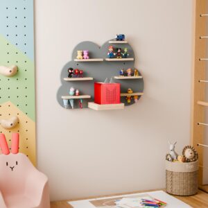 LUPWNEKA Cloud Tonie Shelf for Toniebox Storage - Unique Floating Magnetic Wall Shelf for 16-26 Tonie Figures,Grey Beech Wood Display Tonie Shelf for Children Kids, Nursery Room