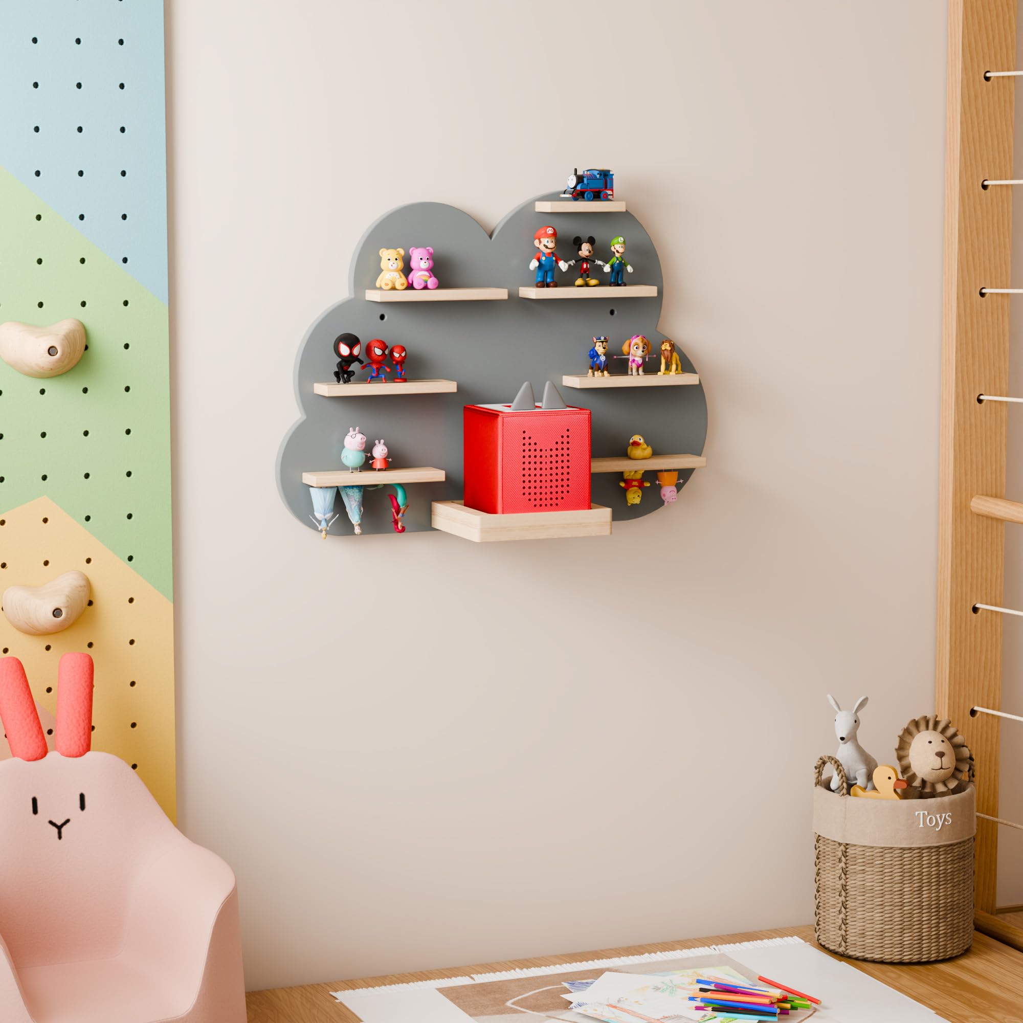 LUPWNEKA Cloud Tonie Shelf for Toniebox Storage - Unique Floating Magnetic Wall Shelf for 16-26 Tonie Figures,Grey Beech Wood Display Tonie Shelf for Children Kids, Nursery Room