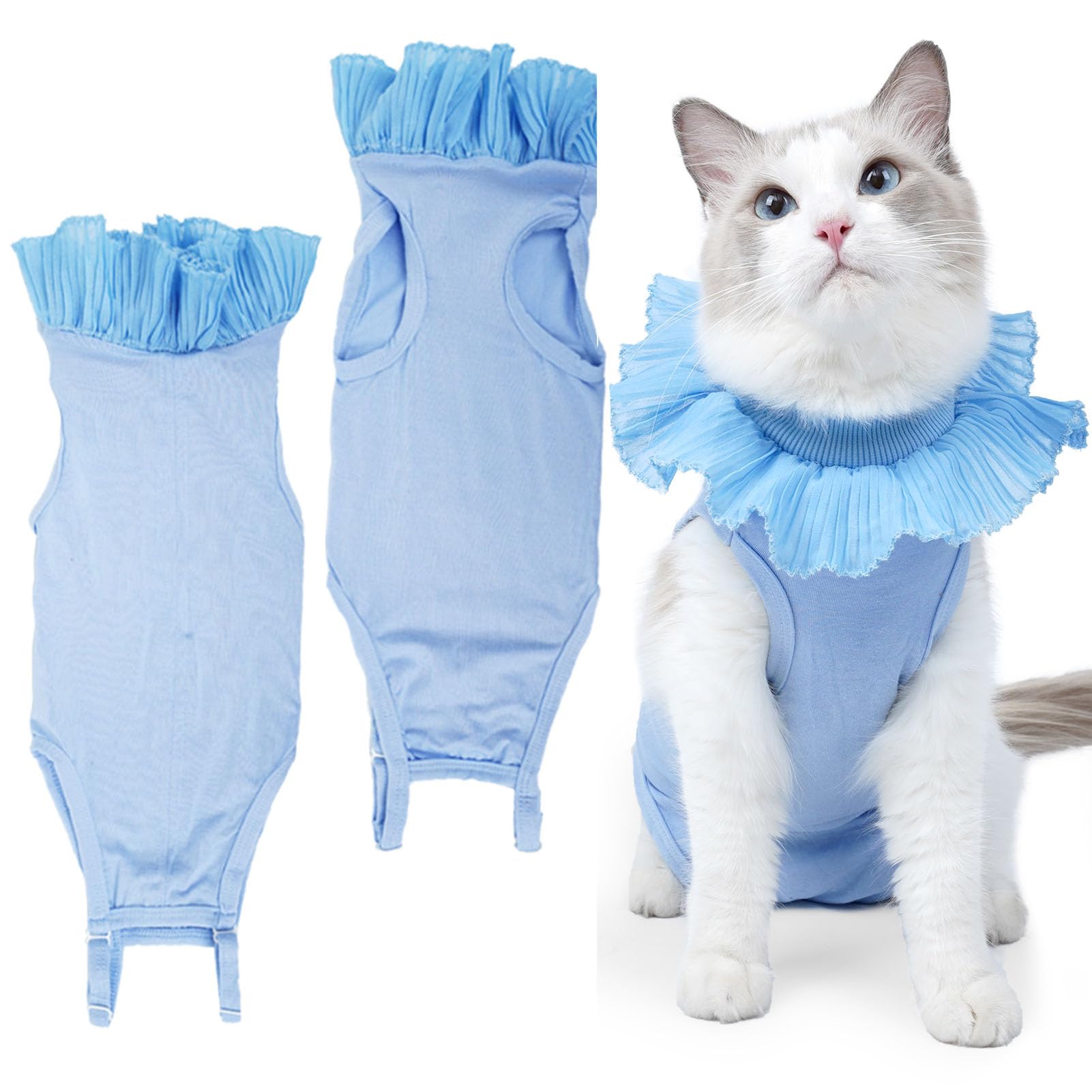 Cute Cat Surgical Recovery Suit Female Male Onesie for Cat After Surgery, Pet Cat Alternative Bandages Cones & Collars (Blue, S)