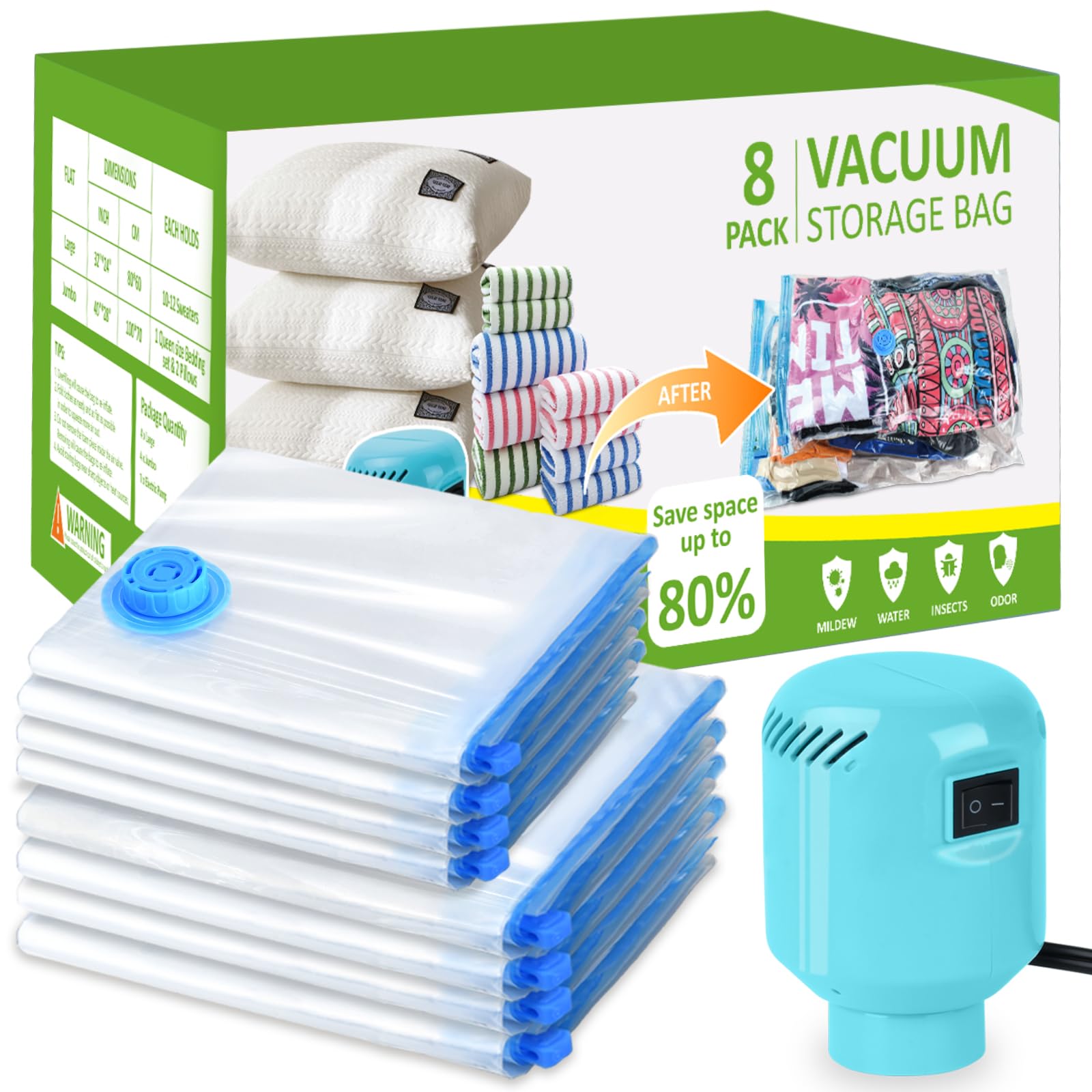 BAMCOO Vacuum Storage Bags with Electric Pump, 8 Pack (4 Jumbo 4 Large Vacuum Seal Bags for Clothing) Storage Bags Vacuum Sealed Bags for Travel, Luggage, Bedding, Blankets