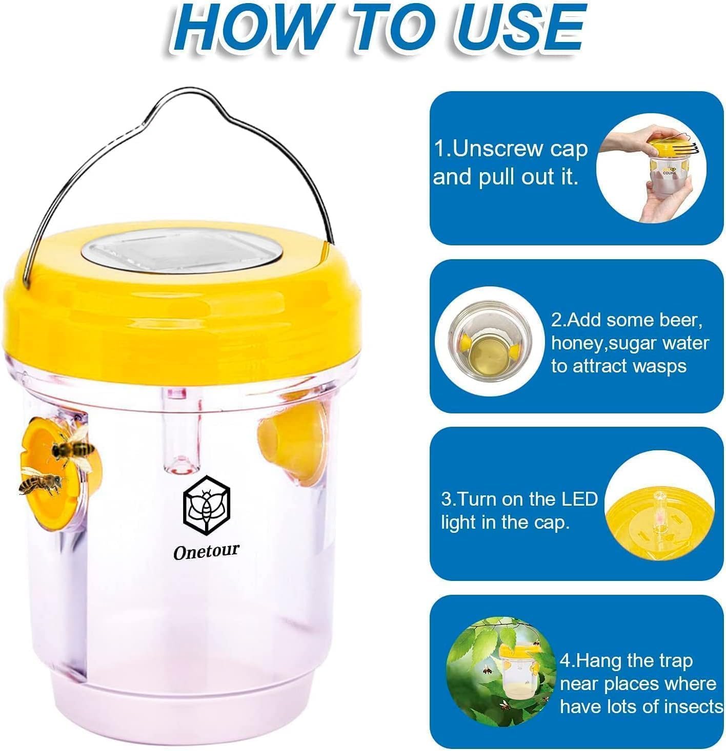 outtkitywi 2 Packs Wasp Trap - Solar Powered Bee Trap Outdoor for Yellow Jackets, Hornets and Wasps - Durable Wasp Killer and Bee Killer - Reusable Yellow Jacket Trap and Insect Trap