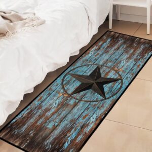 Western Hallway Runner Rug 2x6,Western Barn Texas Star on Old Wooden Plank,Rustic Throw Accent Area Rug Non Slip Washable Rug Runner Floor Carpet for Entryway Hallways Kitchen Laundry Bathroom,Teal